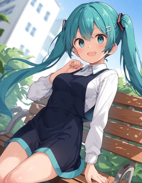 anime girl with blue hair sitting on a bench in a park