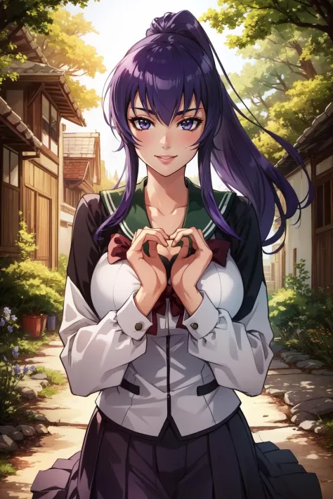 (masterpiece, best quality),  intricate details,
 1girl, <lora:busujima_saeko-10:0.8> busujima_saeko, purple hair, school uniform, skirt, ponytail, very long hair,
  seductive smile, outdoors, forest,  sweating, boob sweat, cleavage,making a heart with hands,