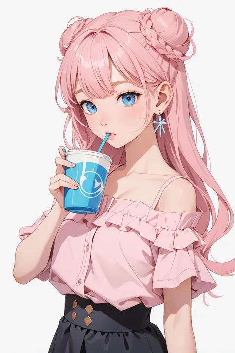 a woman with pink hair drinking a drink from a blue cup