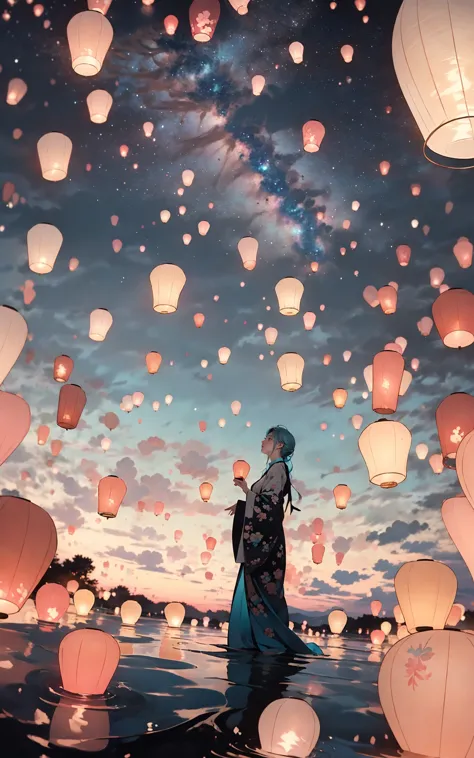 arafed woman standing in the water with many lanterns floating in the sky