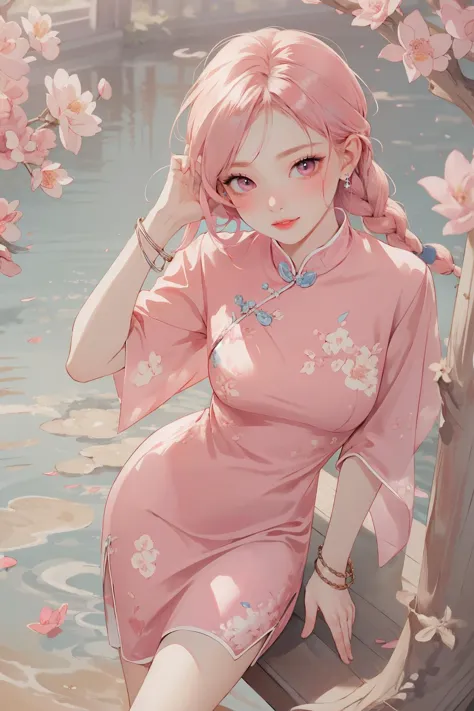 anime girl in pink dress sitting on a bench with cherry blossoms