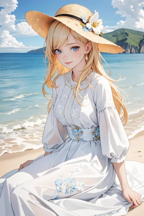 anime girl sitting on the beach with a hat on