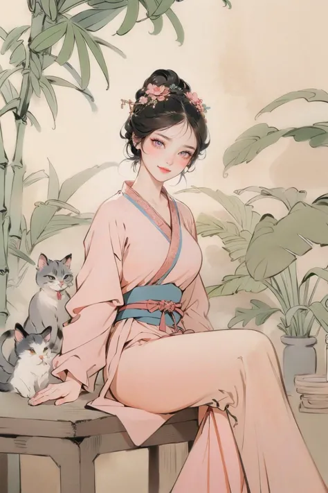 a woman in a kimono sitting on a table with a cat