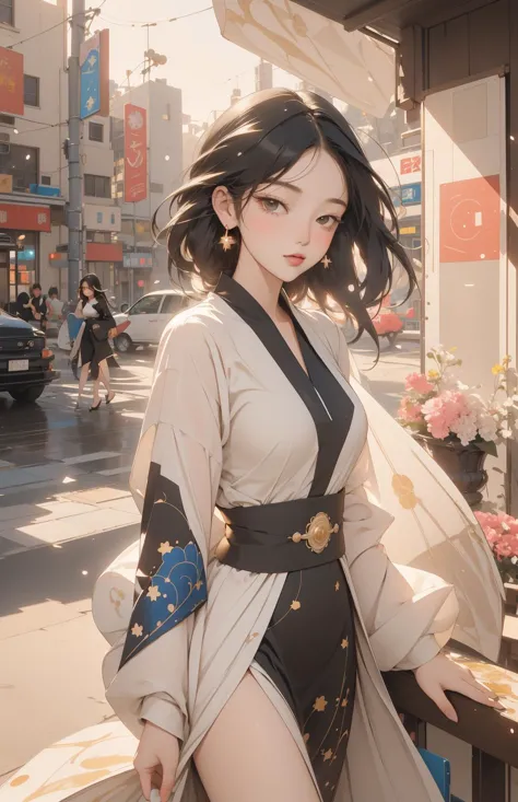 a woman in a kimono outfit standing on a balcony