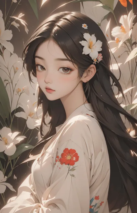 a woman with long black hair and a flower in her hair