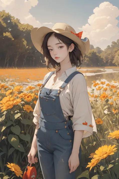 a woman in overalls and a hat standing in a field of flowers