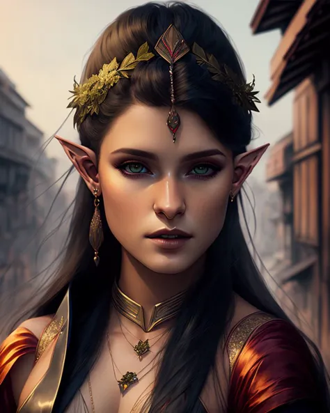 Digital portrait of a pretty half-elf half-vampire young woman. Her eyes have red irises and vertical pupils. Art by Greg Rutkowski and Alphonse Mucha