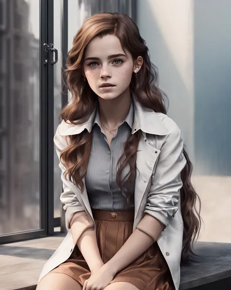 (1 girl) portrait of emma watson as hermione granger sitting next to a window reading a book, other hand not seeing, wearing bla...