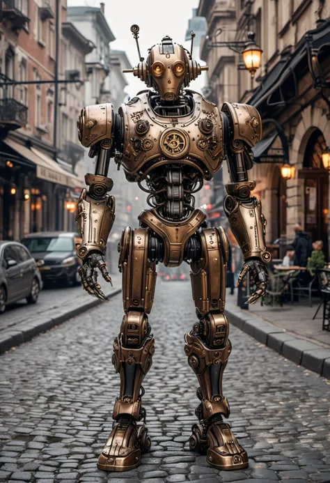 (medium full shot) of futuristic steampunk robot, steel body, with gearwork, brass mask, mechanical fingers, steam gun, located ...