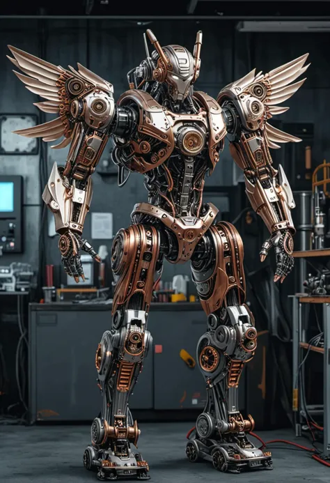 (medium full shot) of mechanical steampunk robot, aluminum body, with mechanical wings, helmet with cogs, copper legs, pressure ...