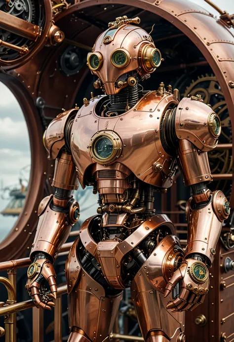 (medium full shot) of futuristic steampunk robot, copper body, with rivets, helmet with cogs, copper legs, brass pocket watch, l...