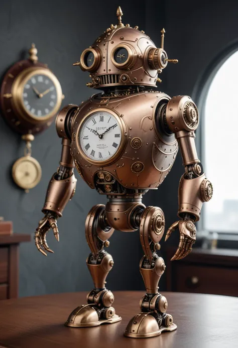 (medium full shot) of intricate steampunk robot, titanium body, with rivets, brass mask, copper legs, brass pocket watch, set in  a minimalist airship, with clean lines, organized machinery, simple yet elegant decor, and tasteful mechanical decorations , Masterpiece,best quality, photo, realistic, very aesthetic