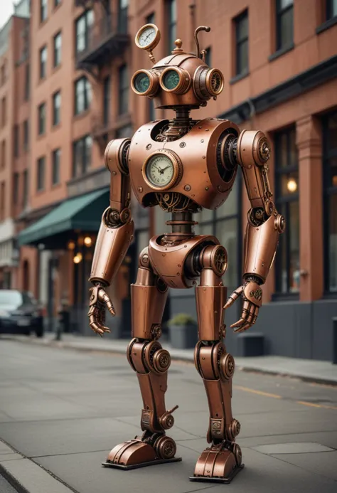 (medium full shot) of elegant steampunk robot, copper body, with equipped with goggles, mechanical monocle, hydraulic legs, comp...