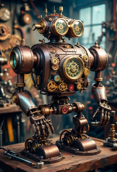 (medium full shot) of intricate steampunk robot, steel body, with equipped with brass goggles, mechanical monocle, steam-powered arms, pressure meter, located in  a vibrant workshop, with colorful gears, dynamic machinery, modern tools, and eclectic decor, ,Masterpiece,best quality, raw photo, realistic, very aesthetic