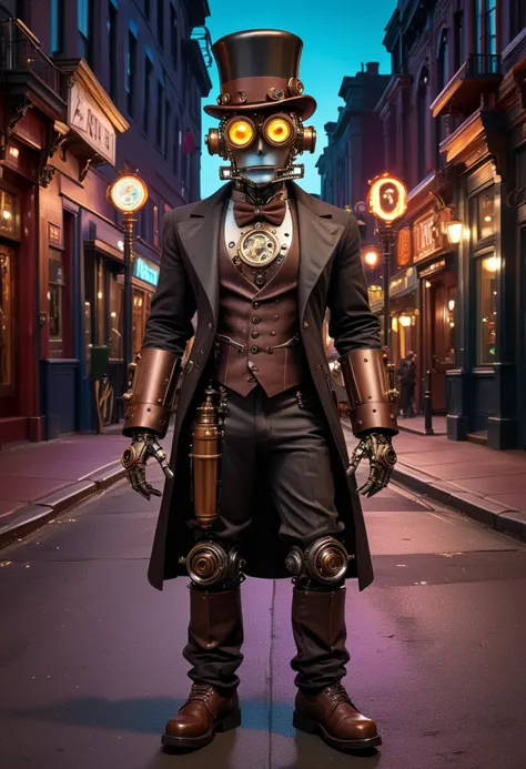 (medium full shot) of sophisticated steampunk robot, nickel body, with leather straps, bowler hat with cogs, copper legs, mechan...