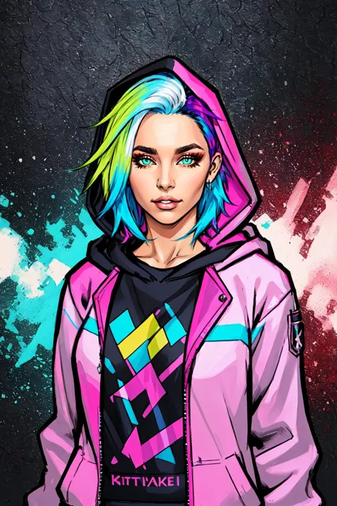 a drawing of a girl with blue hair and a pink jacket