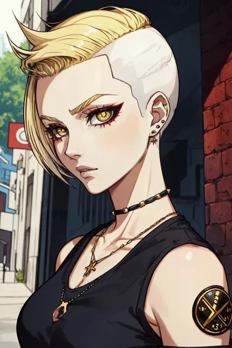 (masterpiece, best illustration, ), 1girl, solo, gold eyes, ((very short hair, blonde hair, faux hawk:1.3, extremely short hair, buzz cut:1.5)), blonde hair, detailed eyes, extremely short hair:1.5, short sleeves, large breasts, covered, black shirt, necklace, outdoors, upper body, punk style hair:1.5, portrait, stud earrings, colored scelera, black sclera