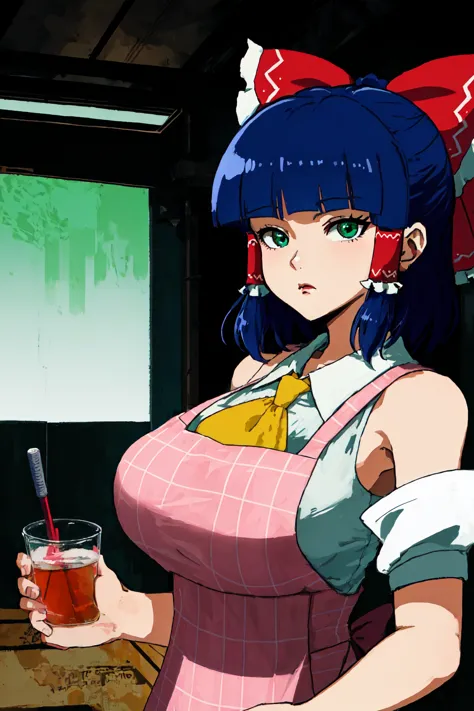 anime girl with blue hair holding a glass of drink in a room