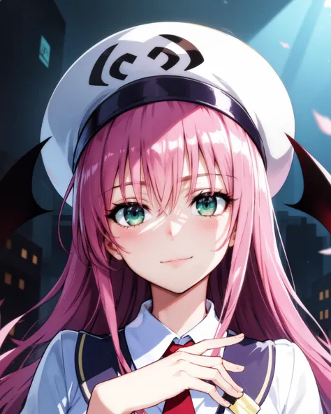 masterpiece, best quality, absurdres, 1girl, aalala, long hair, hat, white headwear, head wings, green eyes, pink hair, breasts, looking at viewer, (detailed eyes, tsurime:1.1) (closed mouth:1.3), light smile, nice hands, perfect hands, (Beautiful Finger), __Places/School__,
,
BREAK (Deep Depth Of Field), (perfect anatomy), Portrait, Volumetric Lighting,  