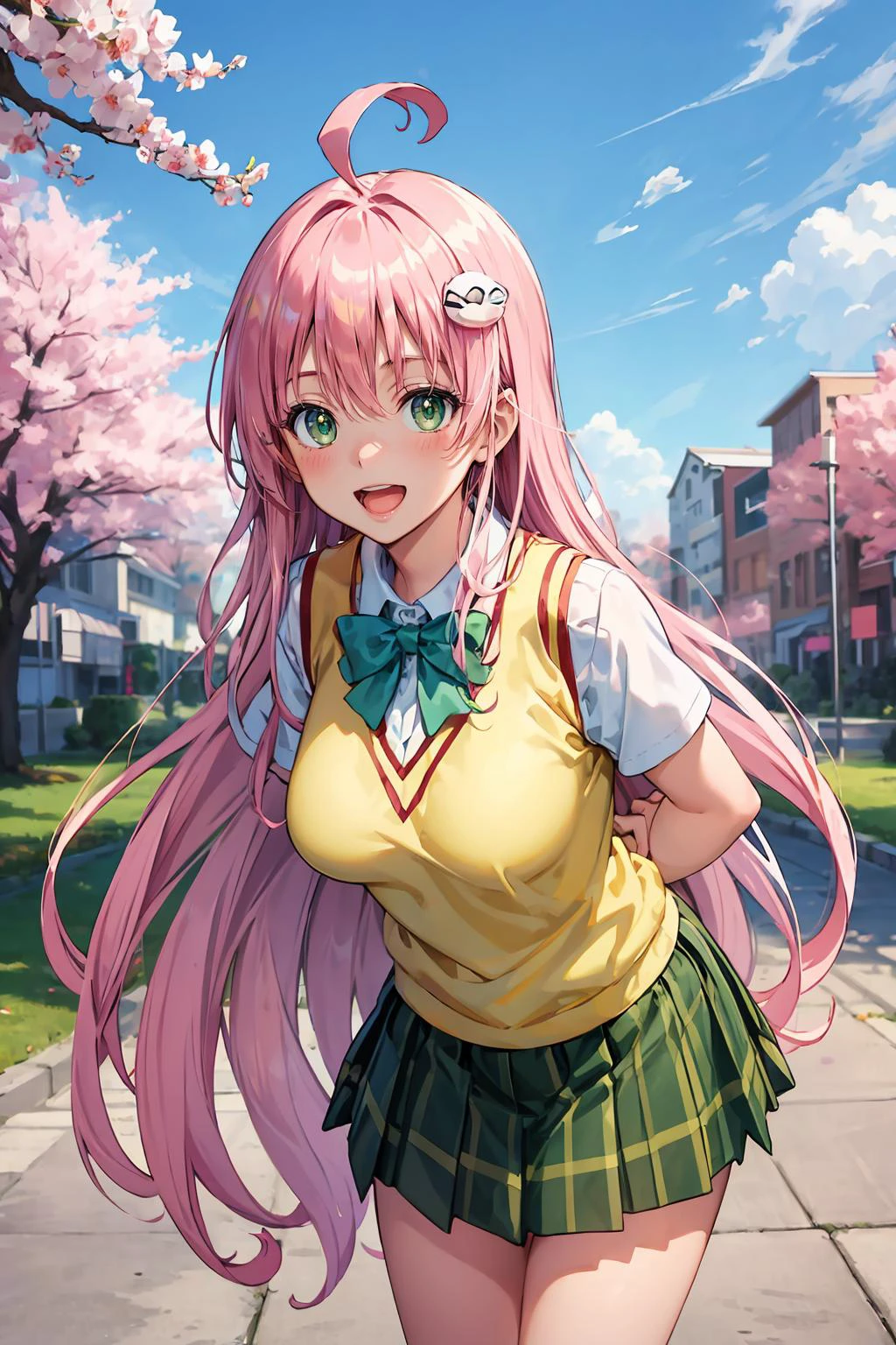 Anime girl with pink hair and green eyes in a school uniform 