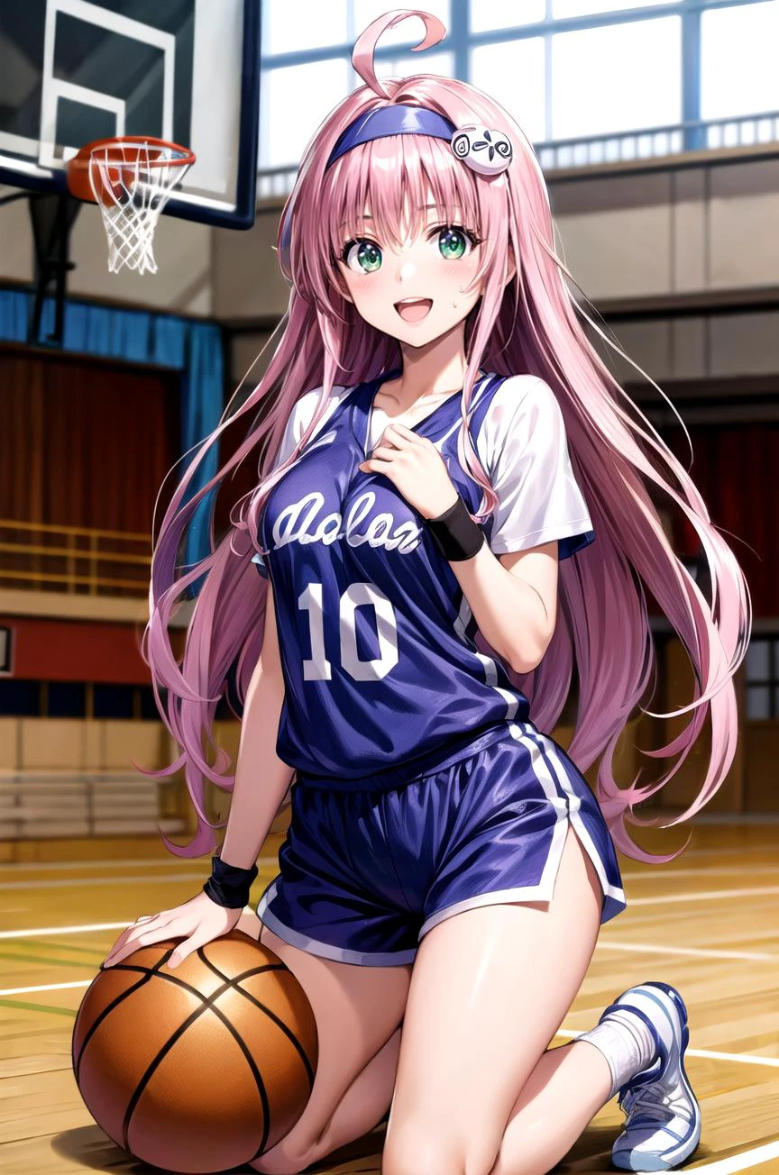 (masterpiece, best quality, detailed), 1girl, solo, looking at viewer, aalala, long hair, ahoge, hair ornament, green eyes, breasts, 
basketball jersey, shorts, sweatband, headband, wristband, basketball, school gym, kneeling, hand on own chest, smile, open mouth