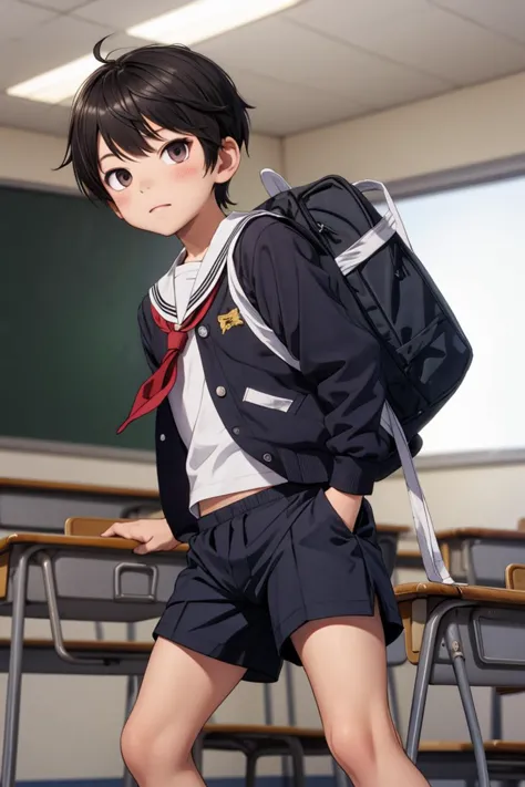 little boy,  <lora:serafuku_20231229013254:0.3> (serafuku:0.9), male, classroom, school uniform, shorts