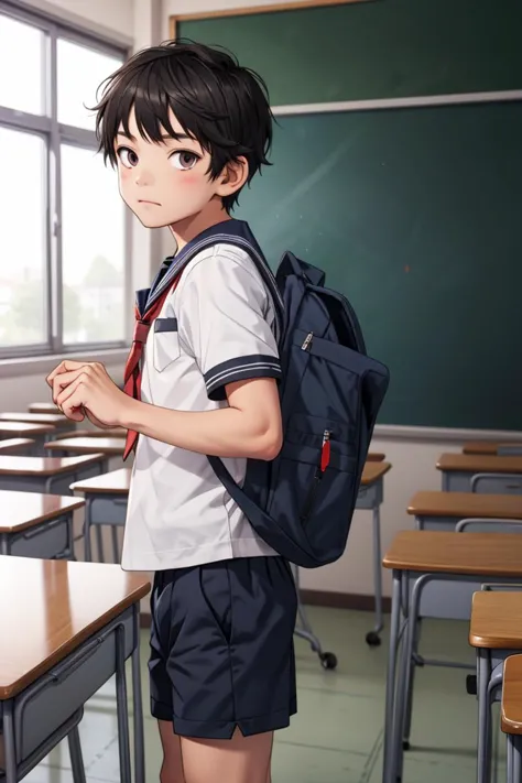 little boy,  <lora:serafuku_20231229013254:0.3> (serafuku:0.9), male, classroom, school uniform, shorts