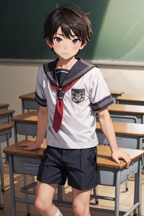 little boy,  <lora:serafuku_20231229013254:0.3> (serafuku:0.9), male, classroom, school uniform, shorts