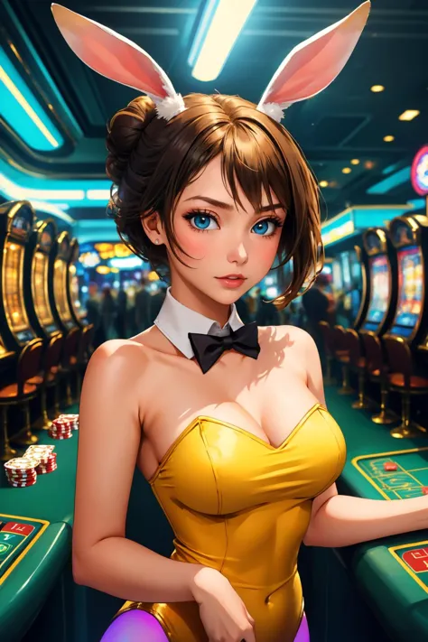 a woman in bunny ears is posing in a casino