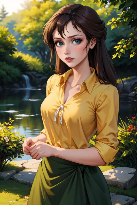 a woman in a yellow shirt and green skirt standing in front of a pond