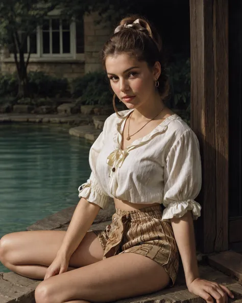 Johmeer, frush, a young 21yo Wisconsinite Wisconsin woman in
Reflecting pools mirroring the opulent palace, (poised pose, sitting with shoulders back and chin lifted, displaying confidence:1.1)
(bronze  hair color in a bow ponytail  style:1.2),
pendant necklace ,
(beige relaxed peasant blouse with embroidered details and artistic vintage shorts, tie-dye design, and celebrating the free-spirited '60s vibe:1.1) 
(SkinHairDetail:0.5) 
<lora:LowRA:.3>
<lora:more_details:0.5>
<lora:Johannes Vermeer style:.6>
<lora:pearlfrush:.7>