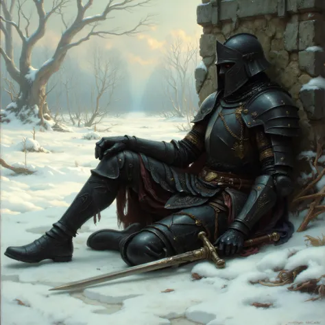 an oil painting with dark souls elements portrays a knight clad in black armour resting against a wall. the ground around him is...