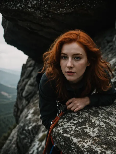 hdr, a redhead woman, climbing on mountains, closeup, intricate details, hyperdetailed, cinematic, dark shot, muted colors, film...