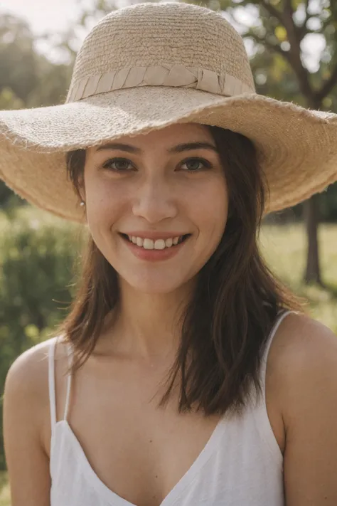 a close up of a woman wearing a straw hat in a park