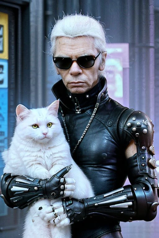 Kreative Fotografie, Karl Lagerfeld is dressed as virile cyberpunk punkai, seine Gliedmaßen und sein Gesicht haben detaillierte Cyberpunk-Implantate wie Bot-Gliedmaßen und elektronische Geräte, kuschelige weiße Katze Choupette, auf den pulsierenden Straßen einer dystopischen Cyberpunk-Stadt