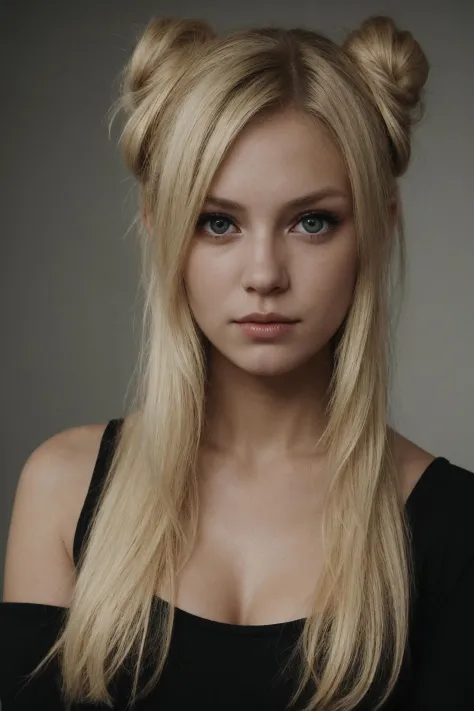 an eye contact of a blond with bun hair and dark theme