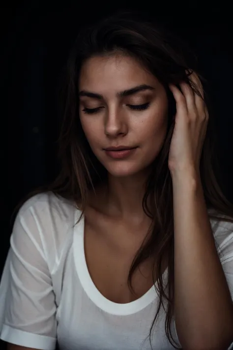 cute woman wearing white shirt, depth of field, shadows, messy hair, perfect face, dark, nighttime, grainy, seductive smirk, eye...