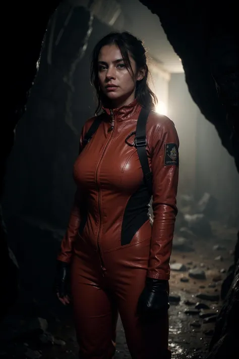 Photo of a fearless female firefighter in her full firefighting gear, standing confidently in a dark and treacherous cave, wearing a sturdy firefighter suit, rugged rock formations.
open suit, cleavage, sweaty, wet clothes, sexy, smoke