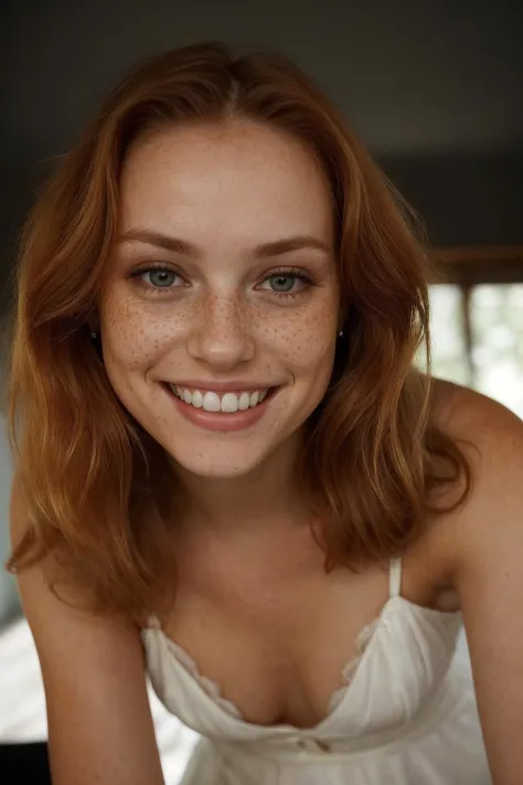 beautiful average looking woman, smiling, white teeth, dress, (looking at the camera:1.4), (highest quality), (best shadow), intricate details, interior, ginger hair:1.3, dark studio, muted colors, freckles