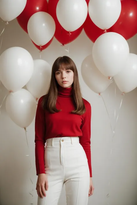 fashion portrait photo of beautiful young woman from the 60s wearing a red turtleneck standing in the middle of a ton of white balloons, taken on a hasselblad medium format camera