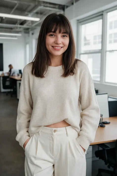 RAW Photo, DSLR BREAK a young woman with bangs, (light smile:0.8), (smile:0.5), wearing relaxed shirt and trousers, causal clothes, (looking at viewer), focused, (modern and cozy office space), design agency office, spacious and open office, Scandinavian d...