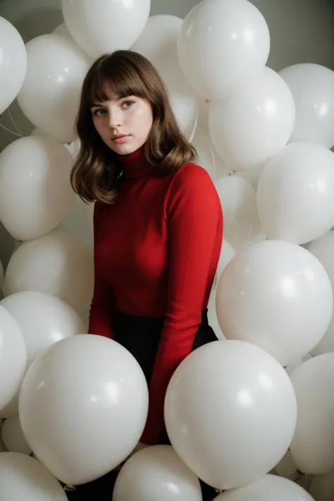 fashion portrait photo of beautiful young woman from the 60s wearing a red turtleneck standing in the middle of a ton of white b...