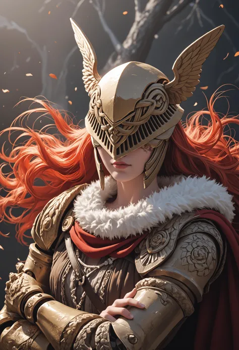 a close up of a woman with a helmet and a sword