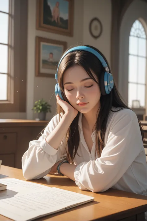 score_9, score_8_up, score_7_up,young woman wearing headphones next to a bright window seated at a cluttered desk eyes closed contemplative and serene