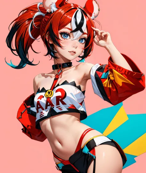 multicolored background, cowboy shot, red hair, mouse ears, hakos baelz, short hair, holding food, :t, streaked hair, holding, collar, blue eyes, animal ears, collarbone, cheese, navel, food, white hair, blush, black hair, bare shoulders, side ponytail, multicolored hair  <lora:CHAR-HakosBaelz:0.8> HakosBaelz,