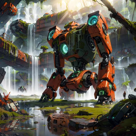 a close up of a robot in a forest with a waterfall