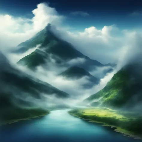 a painting of a mountain with a river in the middle