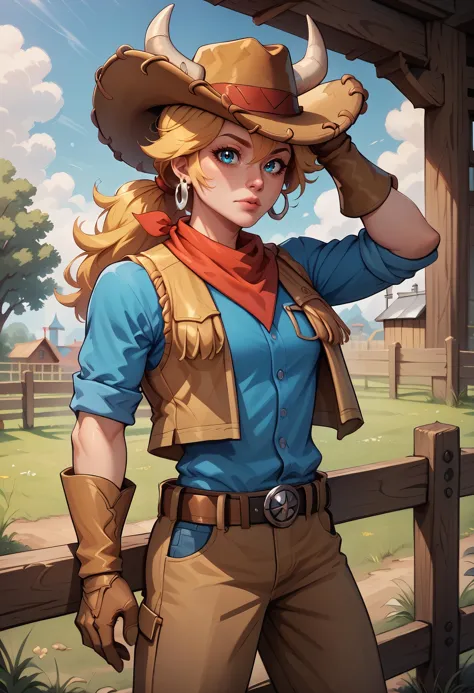 a woman in a cowboy outfit and hat standing by a fence