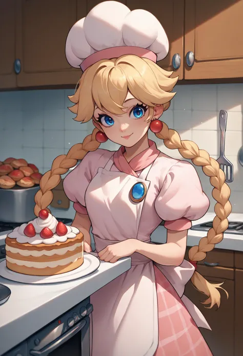 anime girl in a pink dress holding a cake in a kitchen