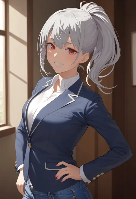 masterpiece, best quality, 1girl,red eyes,smile, room, ponytail,grey hair, portrait, best quality,hand on hip, blazer, by uodenim <lora:Uodenim-Style-AniXL:1>